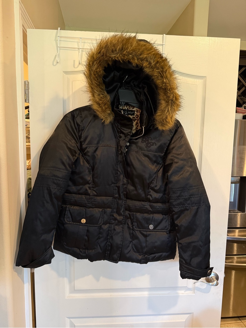 Baby Phat black satin y2k Faux Fur Trim hooded puffer Jacket Coat Womens XL